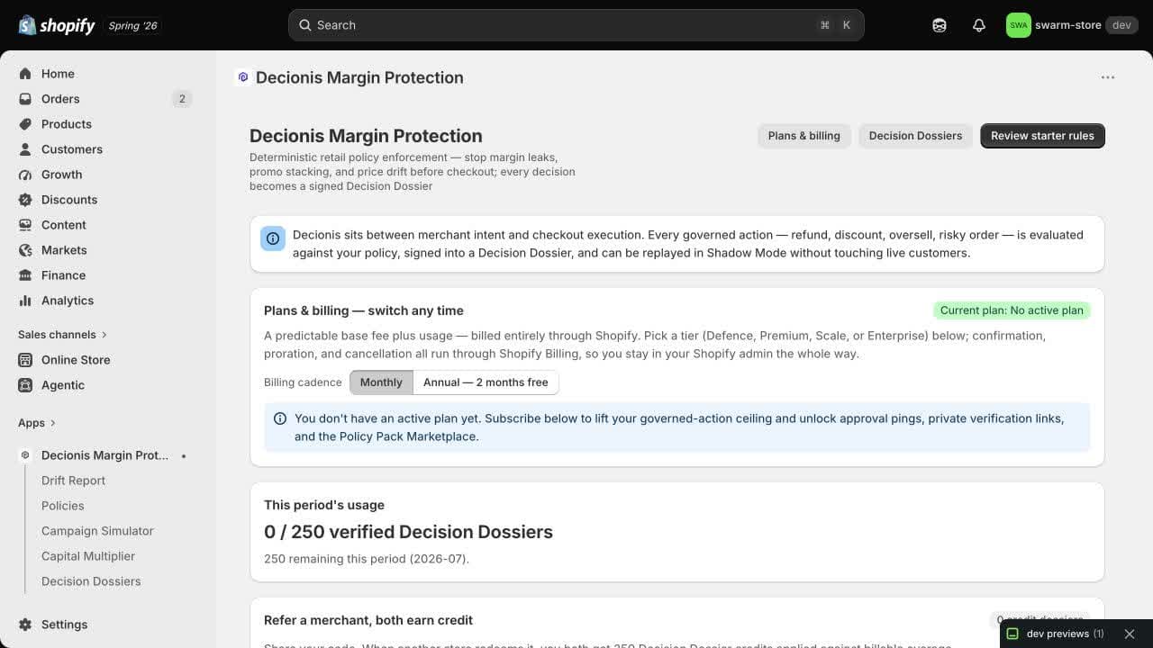Decionis Shopify app showing governed commerce evidence
