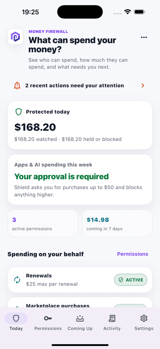 Shield's home screen: what can spend your money, the amount protected today, and a note that your approval is required for app and AI spending.
