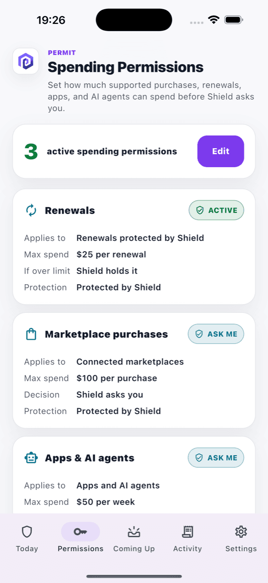 Shield's spending permissions screen: renewals capped at $25, marketplace purchases at $100 with Shield asking first, and apps & AI agents set to ask before spending.